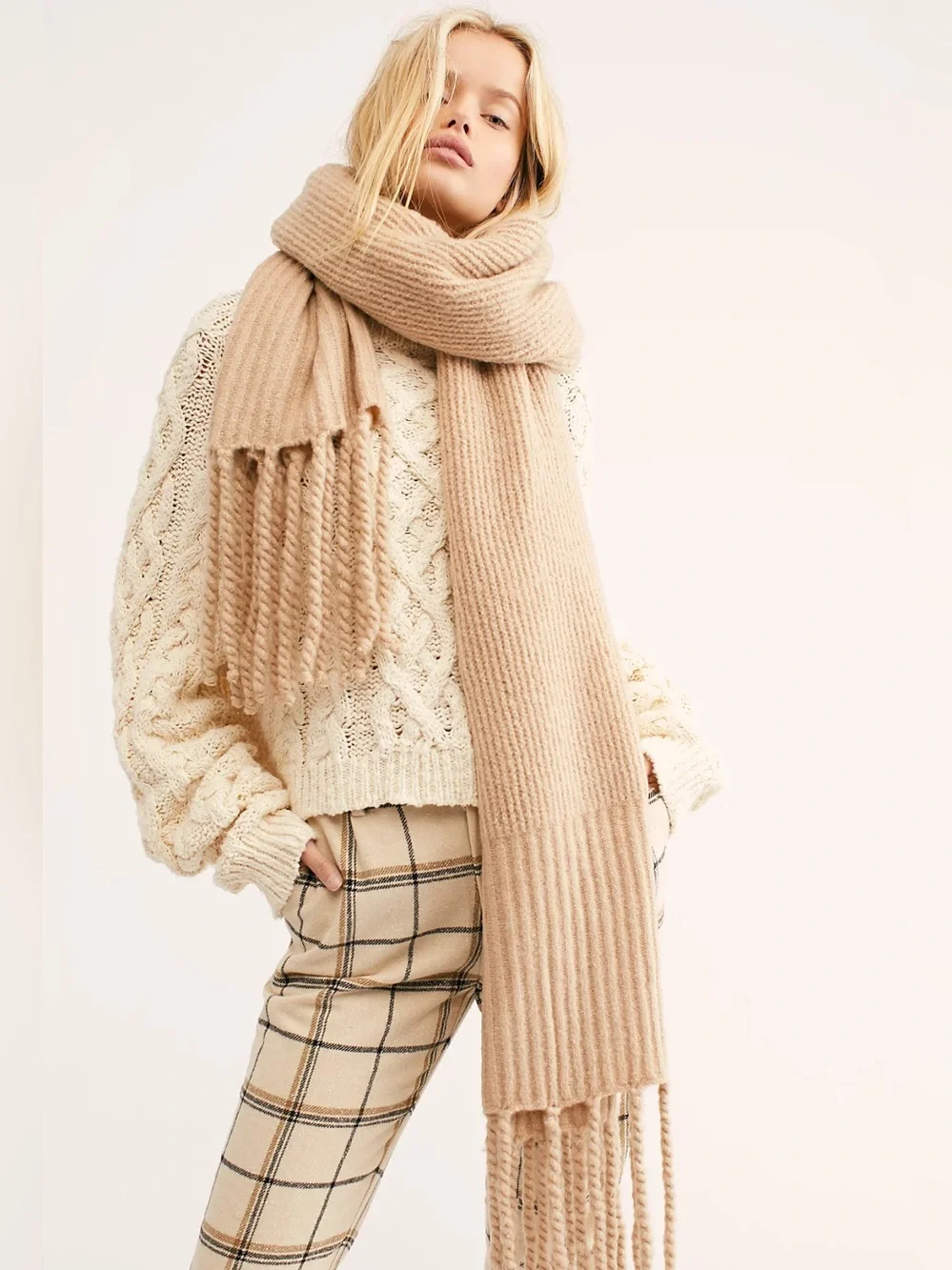 Free People Jaden Ribbed Knit Fringe Blanket Scarf